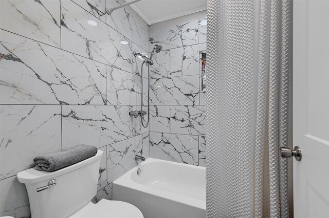 1210 Carla Dr, Denison, TX 75020 - bathroom with toilet, shower / bathtub combination with curtain, ornamental molding, and tile walls