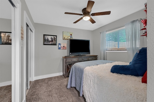 1210 Carla Dr, Denison, TX 75020 - bedroom with carpet, a closet, baseboards, and ceiling fan