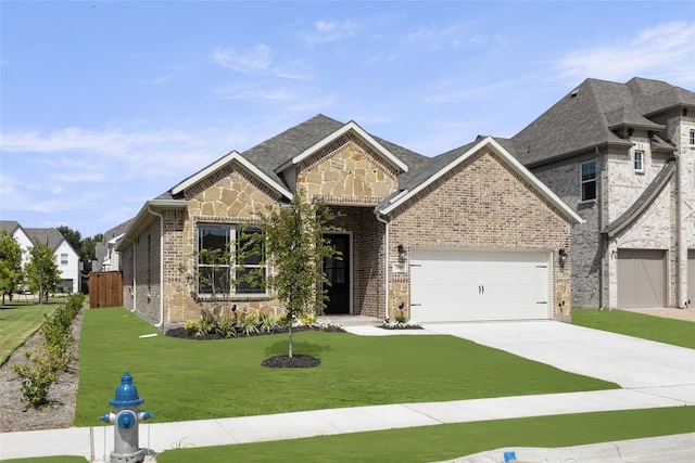 view of front of home with an attached garage, stone siding, brick siding, a front lawn, and driveway