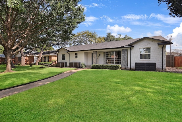 3116 Sharpview Ln, Dallas, TX 75228 - ranch-style home with brick siding, fence, a front lawn, and cooling unit