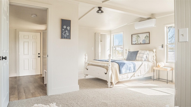 5105 Fm 1082, Hawley, TX 79525 - bedroom with carpet floors, baseboards, a wall mounted AC, and lofted ceiling with beams