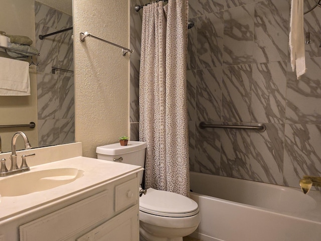 1317 Swiss Ct, Plano, TX 75023 - full bathroom featuring toilet, shower / tub combo with curtain, vanity, and a textured wall