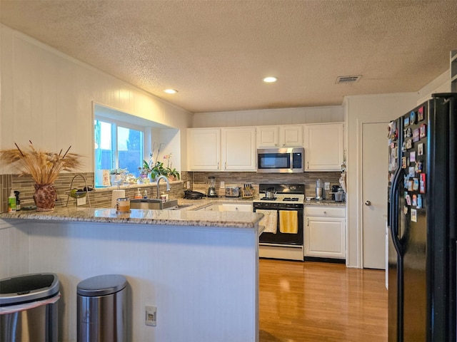 1317 Swiss Ct, Plano, TX 75023 - kitchen with black fridge, gas range, a sink, a peninsula, and stainless steel microwave