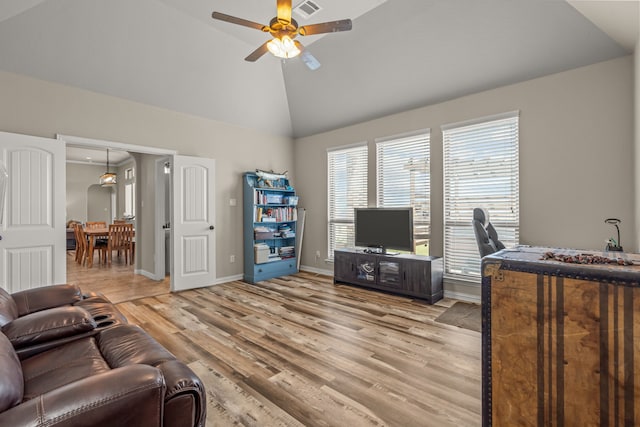 1109 Mount Ln, Rhome, TX 76078 - office space featuring a ceiling fan, light wood-style floors, high vaulted ceiling, and baseboards