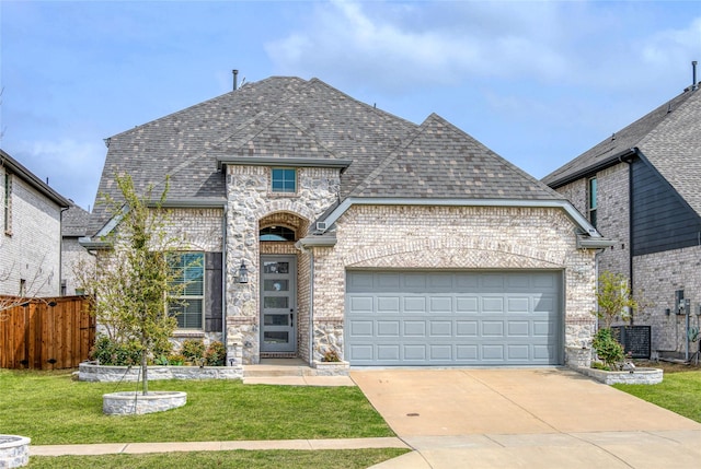 4008 Rochelle St, Celina, TX 75009 - french country inspired facade with an attached garage, cooling unit, brick siding, concrete driveway, and a shingled roof