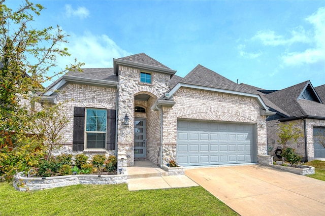 4008 Rochelle St, Celina, TX 75009 - french country home featuring an attached garage, roof with shingles, concrete driveway, a front lawn, and stone siding