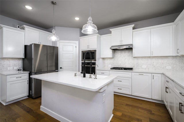 4008 Rochelle St, Celina, TX 75009 - kitchen featuring stainless steel appliances, under cabinet range hood, white cabinetry, decorative backsplash, and light countertops