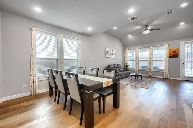 4008 Rochelle St, Celina, TX 75009 - dining area with a ceiling fan, light wood-style floors, baseboards, lofted ceiling, and recessed lighting