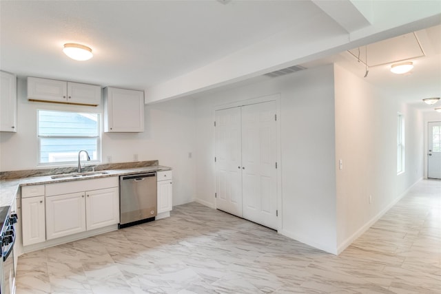 309 W Monterey St, Denison, TX 75020 - kitchen with visible vents, a sink, appliances with stainless steel finishes, marble finish floor, and light stone counters