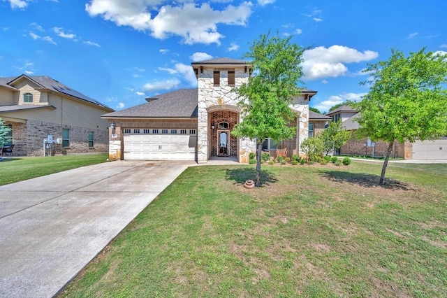 view of front of property with an attached garage, stone siding, a front lawn, and concrete driveway