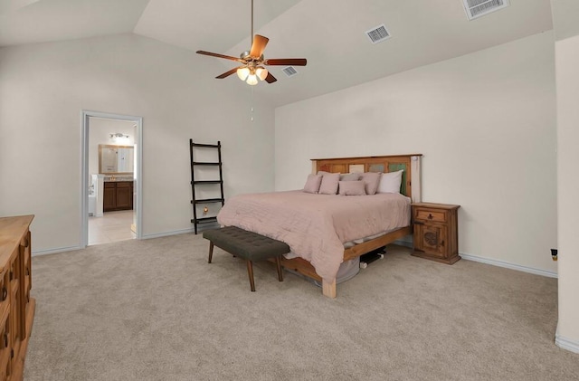 bedroom with light carpet, visible vents, vaulted ceiling, and a ceiling fan
