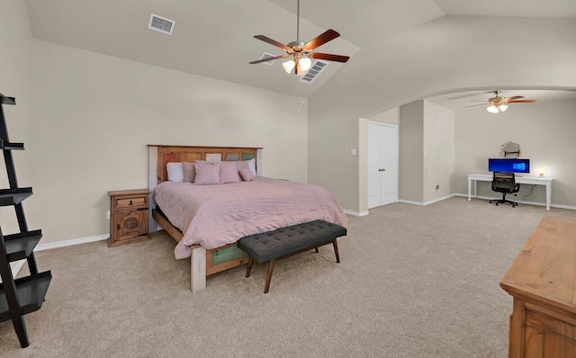 bedroom with light carpet, high vaulted ceiling, visible vents, and baseboards