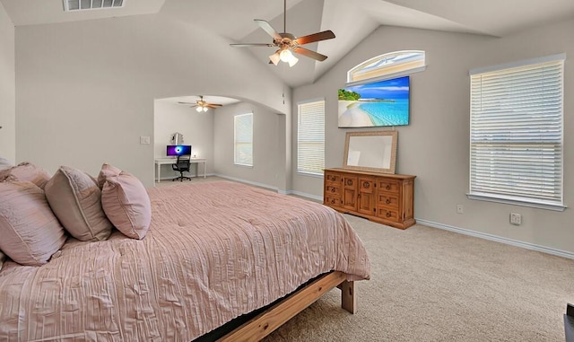 bedroom featuring baseboards, a ceiling fan, carpet floors, visible vents, and lofted ceiling