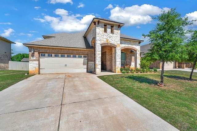 view of front of house with concrete driveway, roof with shingles, stone siding, an attached garage, and a front yard
