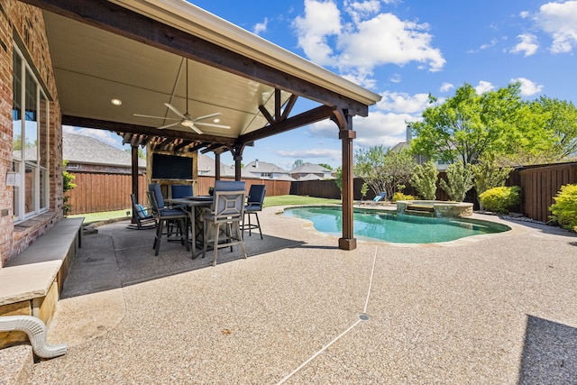 9892 Ranchero Dr, Frisco, TX 75033 - view of swimming pool with a patio, outdoor dining area, a fenced backyard, and ceiling fan