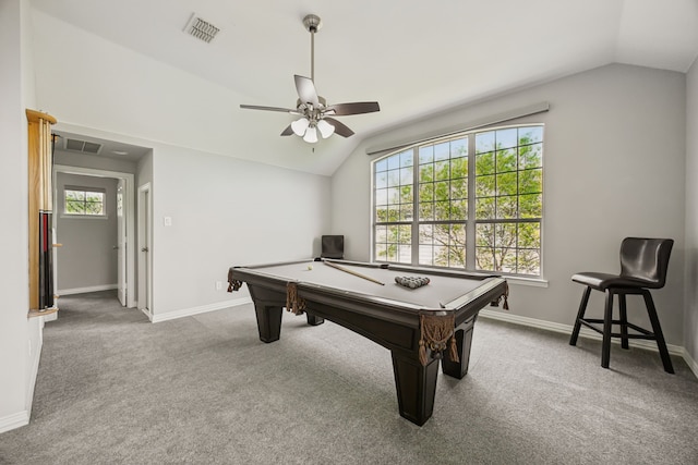 9892 Ranchero Dr, Frisco, TX 75033 - game room with baseboards, billiards, lofted ceiling, and carpet floors