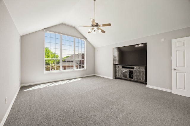 9892 Ranchero Dr, Frisco, TX 75033 - unfurnished living room with ceiling fan, carpet, baseboards, and lofted ceiling