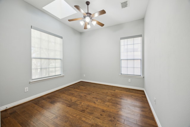9892 Ranchero Dr, Frisco, TX 75033 - unfurnished room with a skylight, wood-type flooring, a ceiling fan, and visible vents