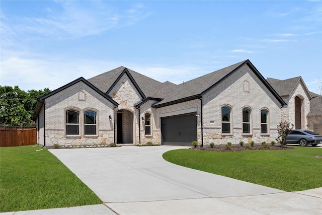 3723 Lochwood Dr, Rowlett, TX 75088 - french country inspired facade with concrete driveway, an attached garage, brick siding, a shingled roof, and stone siding