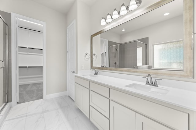 3723 Lochwood Dr, Rowlett, TX 75088 - bathroom featuring a stall shower, a walk in closet, marble look tile flooring, and recessed lighting