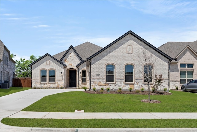 3723 Lochwood Dr, Rowlett, TX 75088 - french country inspired facade featuring stone siding, brick siding, and central air condition unit