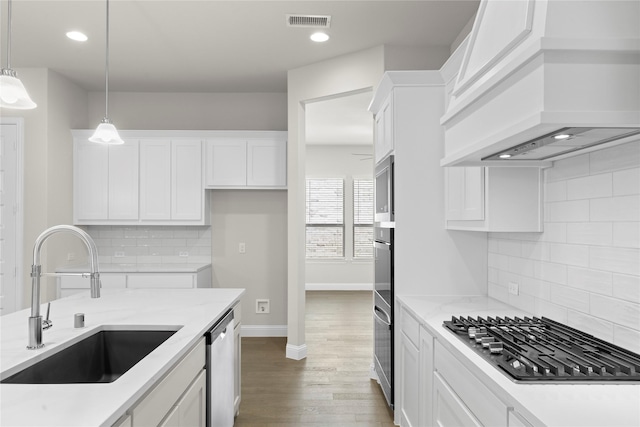 3723 Lochwood Dr, Rowlett, TX 75088 - kitchen with a sink, stainless steel appliances, premium range hood, white cabinetry, and tasteful backsplash