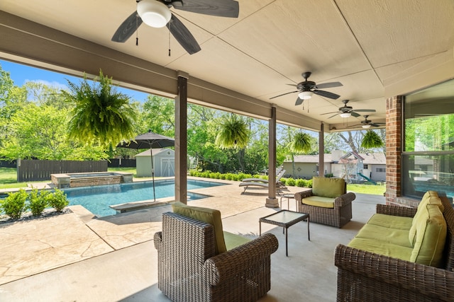 106 E Fork Rd, Sunnyvale, TX 75182 - view of patio featuring a ceiling fan, outdoor lounge area, and a pool with connected hot tub