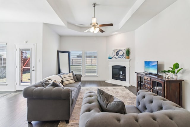 13412 Cortes De Pallas Dr, Little Elm, TX 75068 - living room featuring ceiling fan, a tray ceiling, wood finished floors, a glass covered fireplace, and baseboards