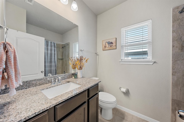 full bathroom featuring toilet, curtained shower, tile patterned flooring, and a wealth of natural light