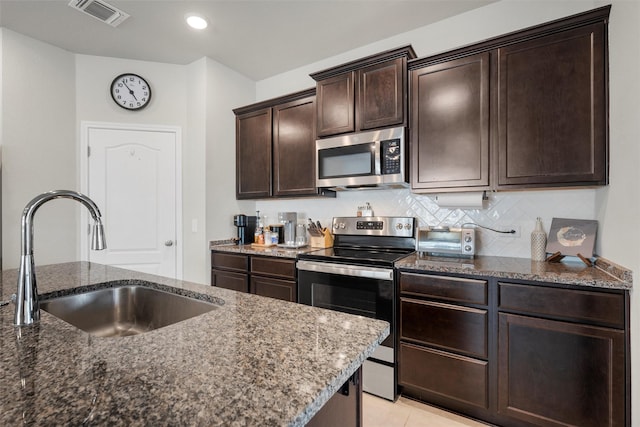 kitchen featuring backsplash, visible vents, dark stone counters, appliances with stainless steel finishes, and a sink