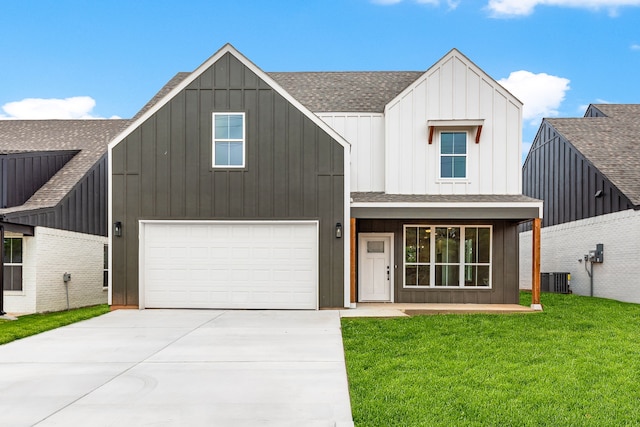 5703 Barkridge Dr, Granbury, TX 76048 - modern farmhouse style home featuring a front yard, central AC, board and batten siding, driveway, and roof with shingles