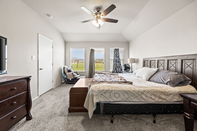 bedroom featuring carpet flooring, ceiling fan, and lofted ceiling