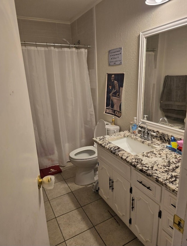 221 Azalea Dr, Sulphur Springs, TX 75482 - full bathroom featuring tile patterned floors, toilet, vanity, a textured wall, and curtained shower