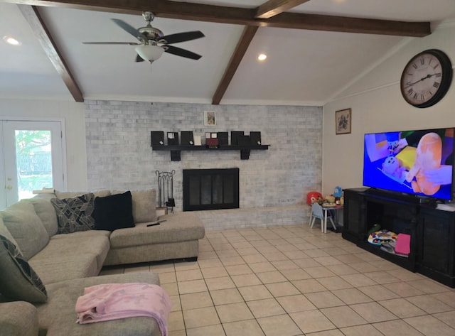 221 Azalea Dr, Sulphur Springs, TX 75482 - living room featuring ceiling fan, tile patterned flooring, a brick fireplace, brick wall, and recessed lighting
