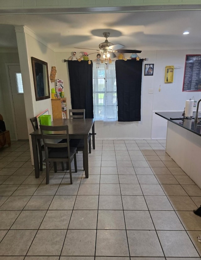 221 Azalea Dr, Sulphur Springs, TX 75482 - dining area featuring a ceiling fan, ornamental molding, and light tile patterned floors
