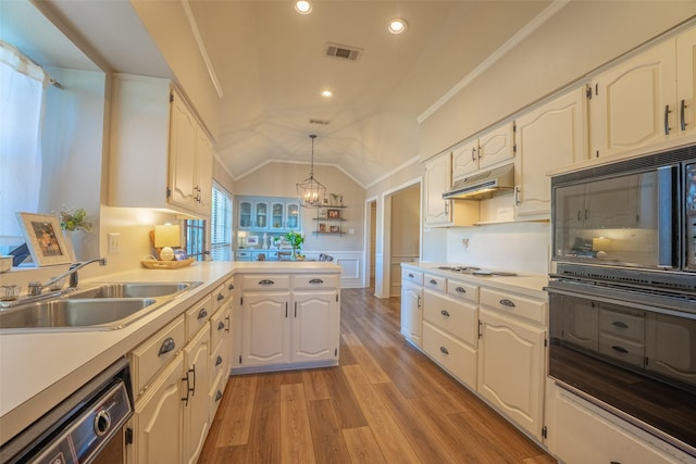 kitchen with a peninsula, visible vents, under cabinet range hood, dishwasher, and a sink