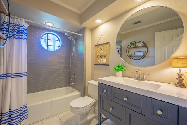 full bath featuring ornamental molding, shower / bath combo, tile patterned flooring, toilet, and visible vents