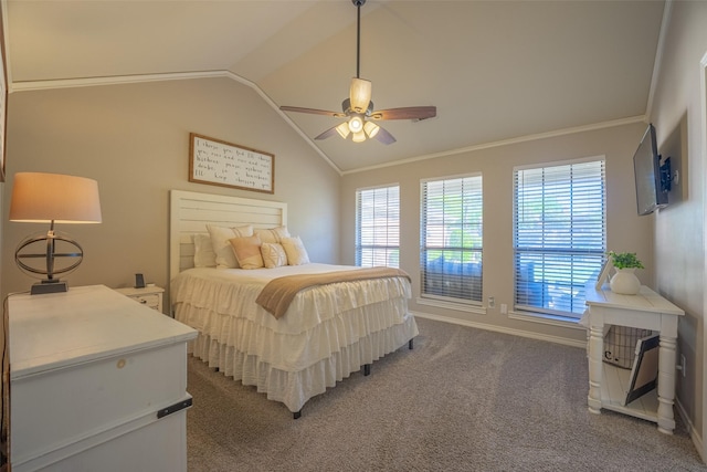 carpeted bedroom with baseboards, vaulted ceiling, crown molding, and ceiling fan