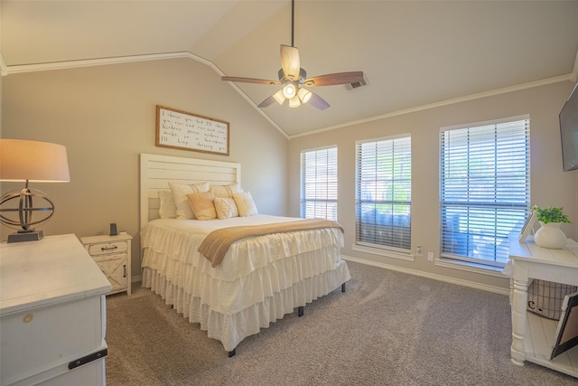 bedroom featuring visible vents, baseboards, crown molding, vaulted ceiling, and light carpet