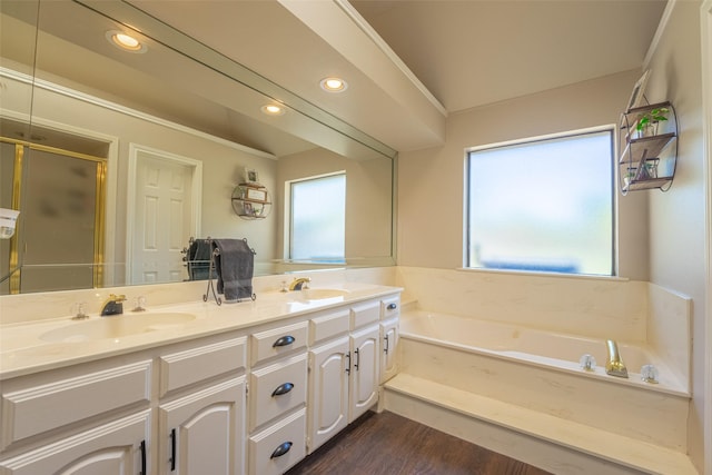 bathroom featuring double vanity, a bath, a sink, and a stall shower