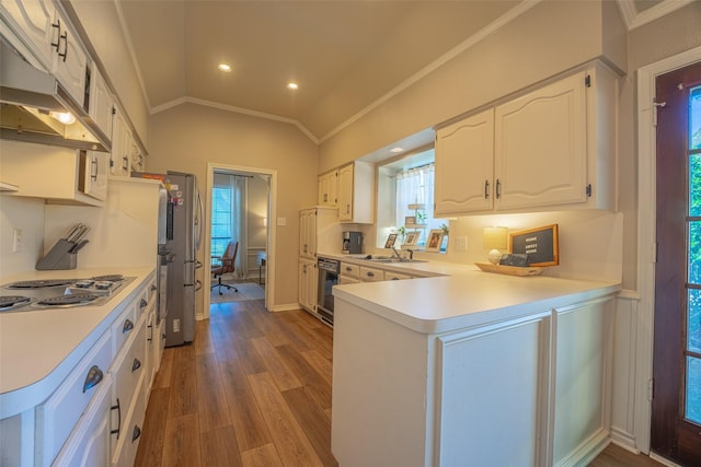 kitchen with white cabinetry, under cabinet range hood, wood finished floors, light countertops, and lofted ceiling