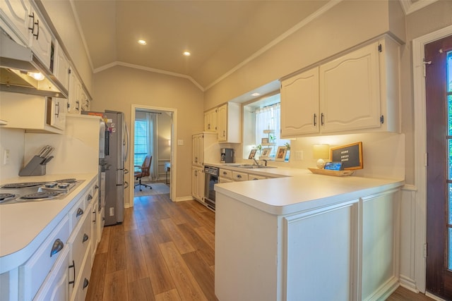 kitchen with white cabinets, light countertops, under cabinet range hood, wood finished floors, and lofted ceiling