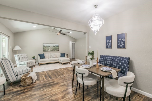 1807 Lachelle Ln, Arlington, TX 76010 - dining space with wood finished floors, lofted ceiling, baseboards, ceiling fan, and a chandelier