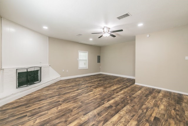 1807 Lachelle Ln, Arlington, TX 76010 - unfurnished living room with recessed lighting, dark wood-style floors, ceiling fan, and baseboards