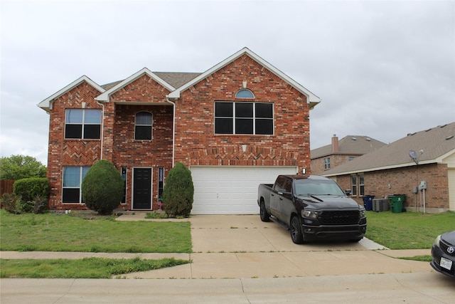 12824 Kingsgate Dr, Rhome, TX 76078 - traditional-style home with driveway, a front yard, brick siding, central AC unit, and a garage