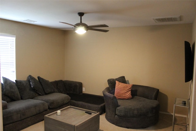 12824 Kingsgate Dr, Rhome, TX 76078 - living area with ceiling fan, carpet flooring, and visible vents
