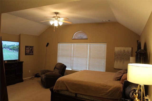 12824 Kingsgate Dr, Rhome, TX 76078 - carpeted bedroom featuring visible vents, ceiling fan, and lofted ceiling