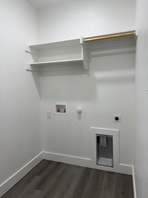 laundry room featuring electric dryer hookup, hookup for a gas dryer, laundry area, hookup for a washing machine, and dark wood finished floors