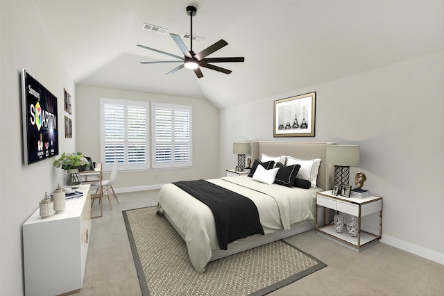 bedroom with visible vents, baseboards, vaulted ceiling, and light colored carpet