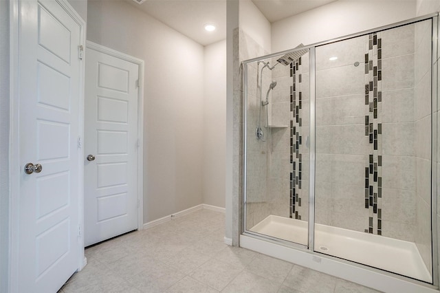 628 Bronze Forest Dr, Fort Worth, TX 76131 - full bath with a shower stall, baseboards, tile patterned flooring, and recessed lighting